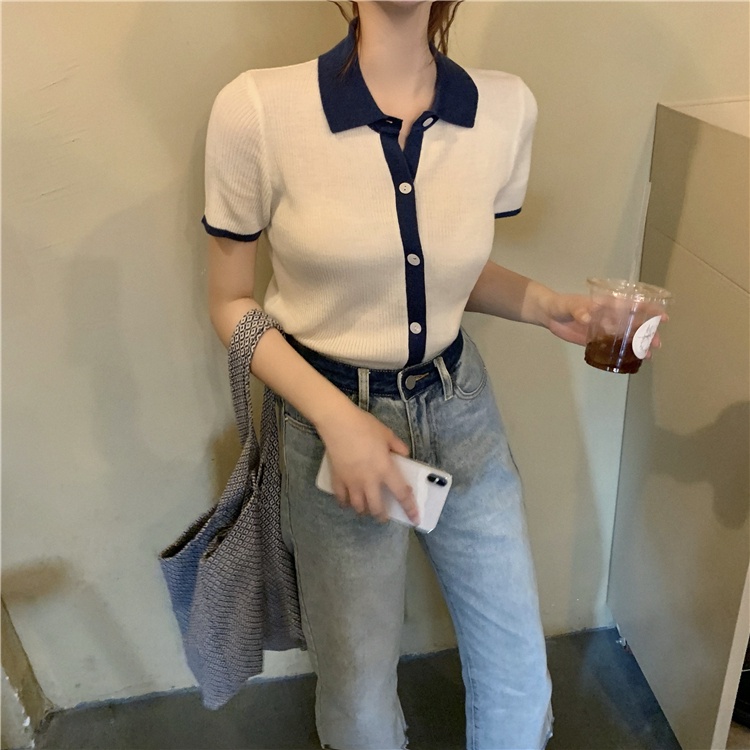 Áo sơ mi dệt kim Polo Colorblock Áo thun ngắn tay dệt kim lụa băng mùa hè cho nữ