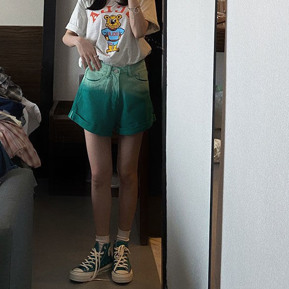 Quần short denim lưng cao ống rộng màu xanh lá thời trang hè 2021 cho nữ