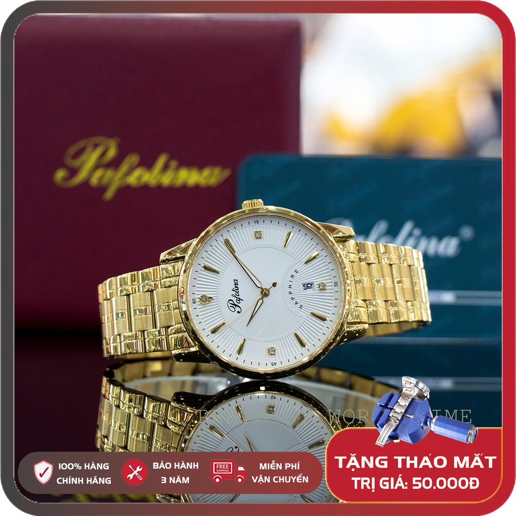 Đồng hồ pin, đồng hồ nam dây thép Pafolina 5028M full box, kính sapphire chống xước, chống nước
