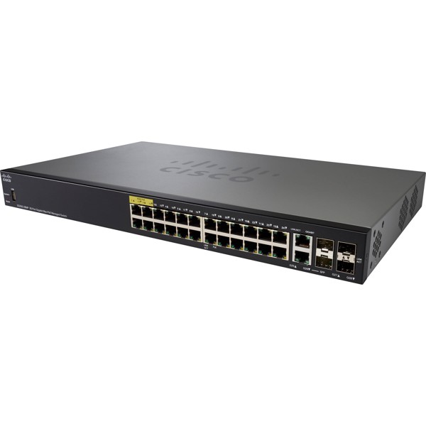 Cisco SG350-28P-K9-EU | Thiết bị chyển mạch Managed, 24 cổng RJ45 1G POE 195W, 2 cổng T/SFP, 2 cổng SFP 1G.