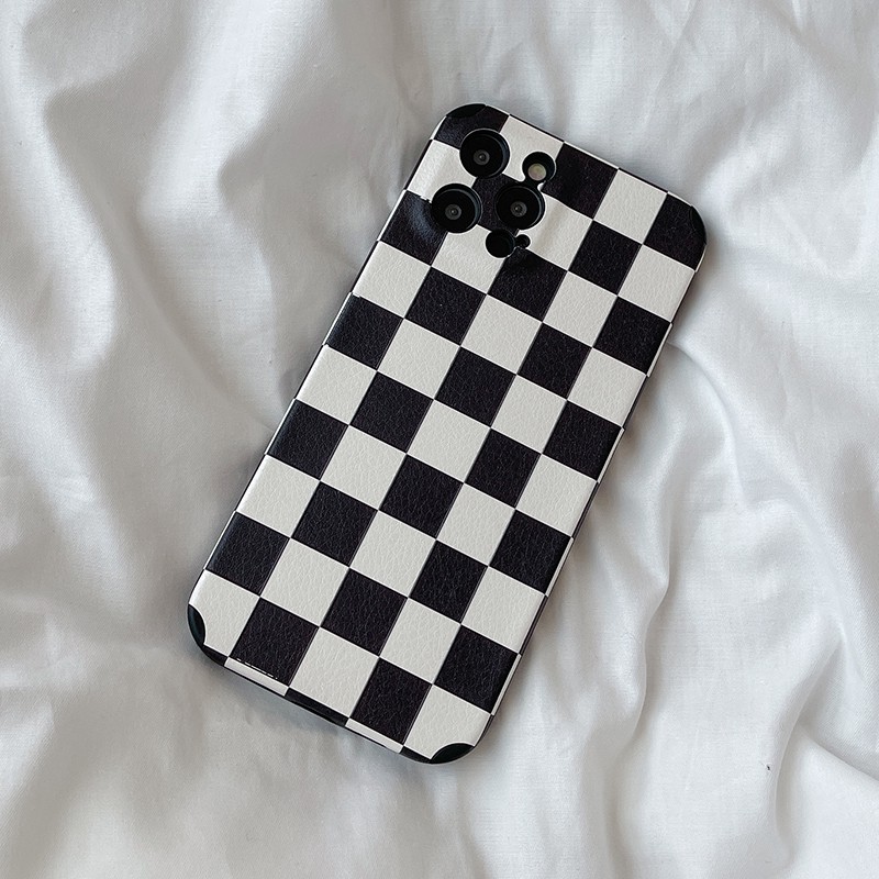 Simple black and white checkerboard lattice lambskin phone case For iPhone 12 Pro Max 12Pro 12 Mini iPhone SE2020 11Pro Max 11Pro 11 iX XR XS Max 7 8 Plus Full Coverage case