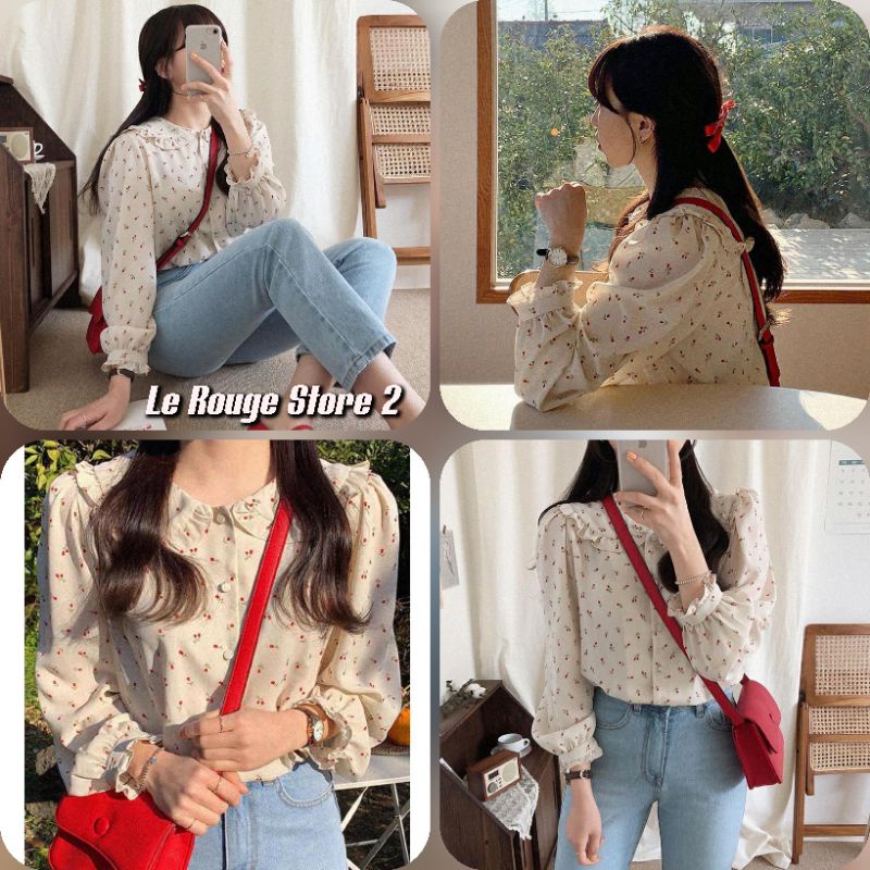 (Có sẵn) Áo sơ mi nữ hoa hồng nhí màu đỏ cố bèo xinh xắn kiểu Hàn có size từ nhỏ đến lớn (ảnh thật)