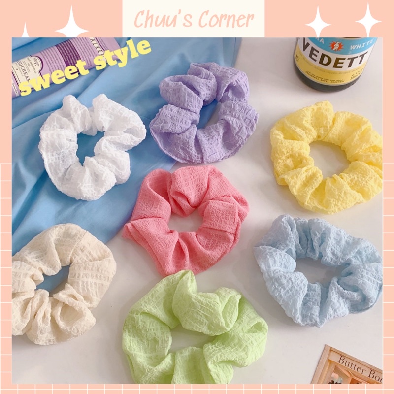 Dây buộc tóc Scrunchies vải đũi xốp trơn nhiều màu phong cách hàn quốc cho nữ