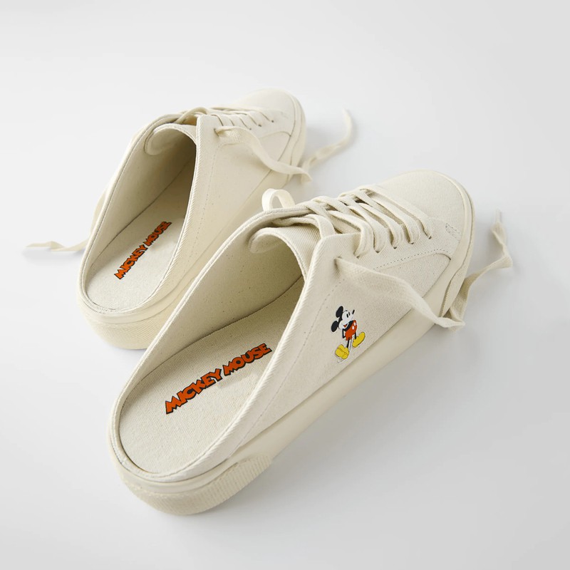 GIÀY SỤC ZARA XUẤT DƯ TUỒN NỮ MICKEY VẢI ĐẠP GÓT MÀU KEM