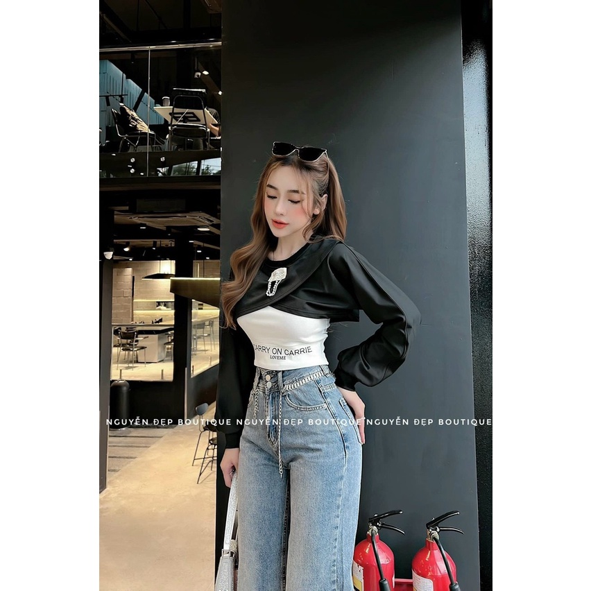 Set áo Phối Xích,Set áo kiểu croptop tay dài,LY STORE