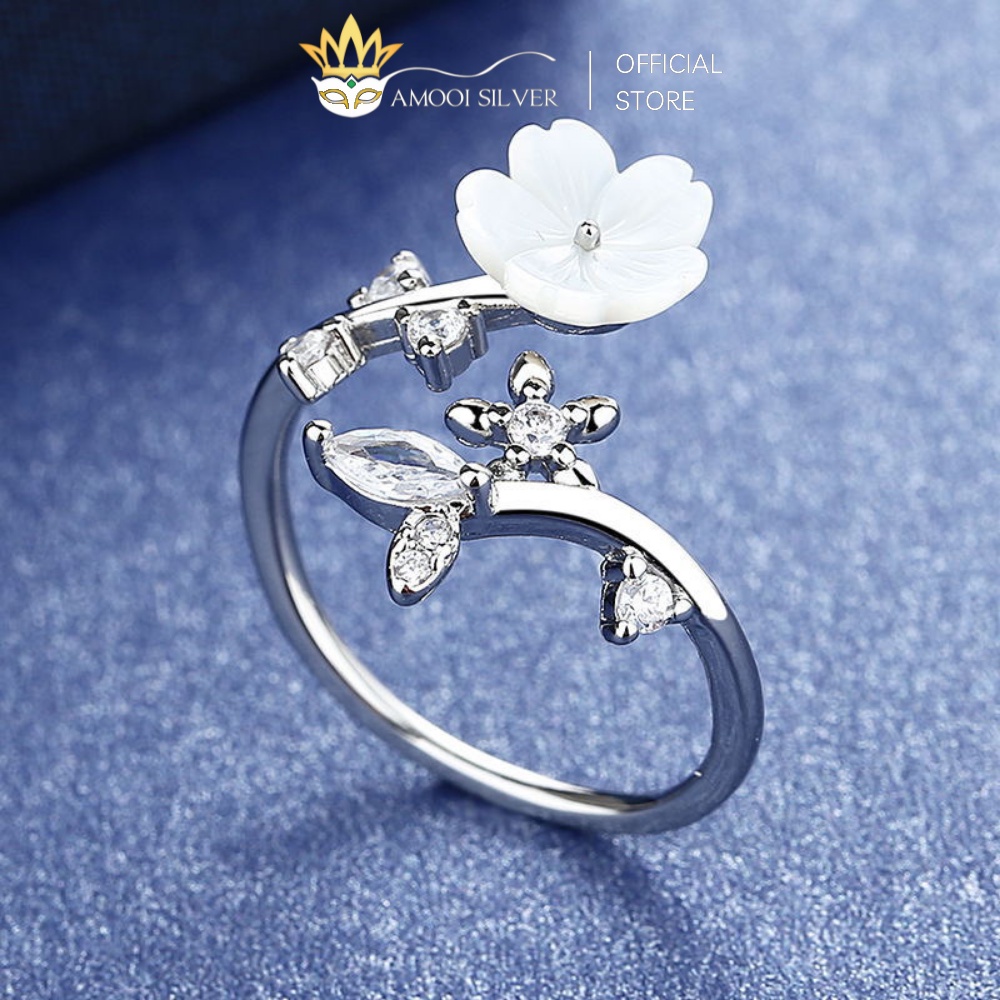 Nhẫn Bạc S925 Dạng Hở Mẫu Hoa Xà Cừ Đính Đá Freesize - Amooi Silver AN75
