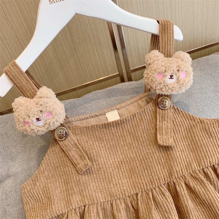 Váy Bé Gái 2 Chi Tiết Vintage Váy Dài Tay Thu Đông Yếm Nâu Đất Nhung Tăm Cao Cấp Cho Bé Dự Tiệc Diện Tết Size 12-27 Kg