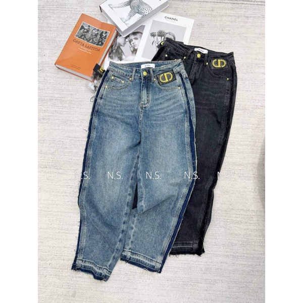 Quần baggy jeans kẻ sọc chữ túi hàng QCL1