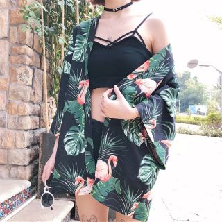 Áo Khoác Kiểu Haori Hạc Hồng Lá Xanh