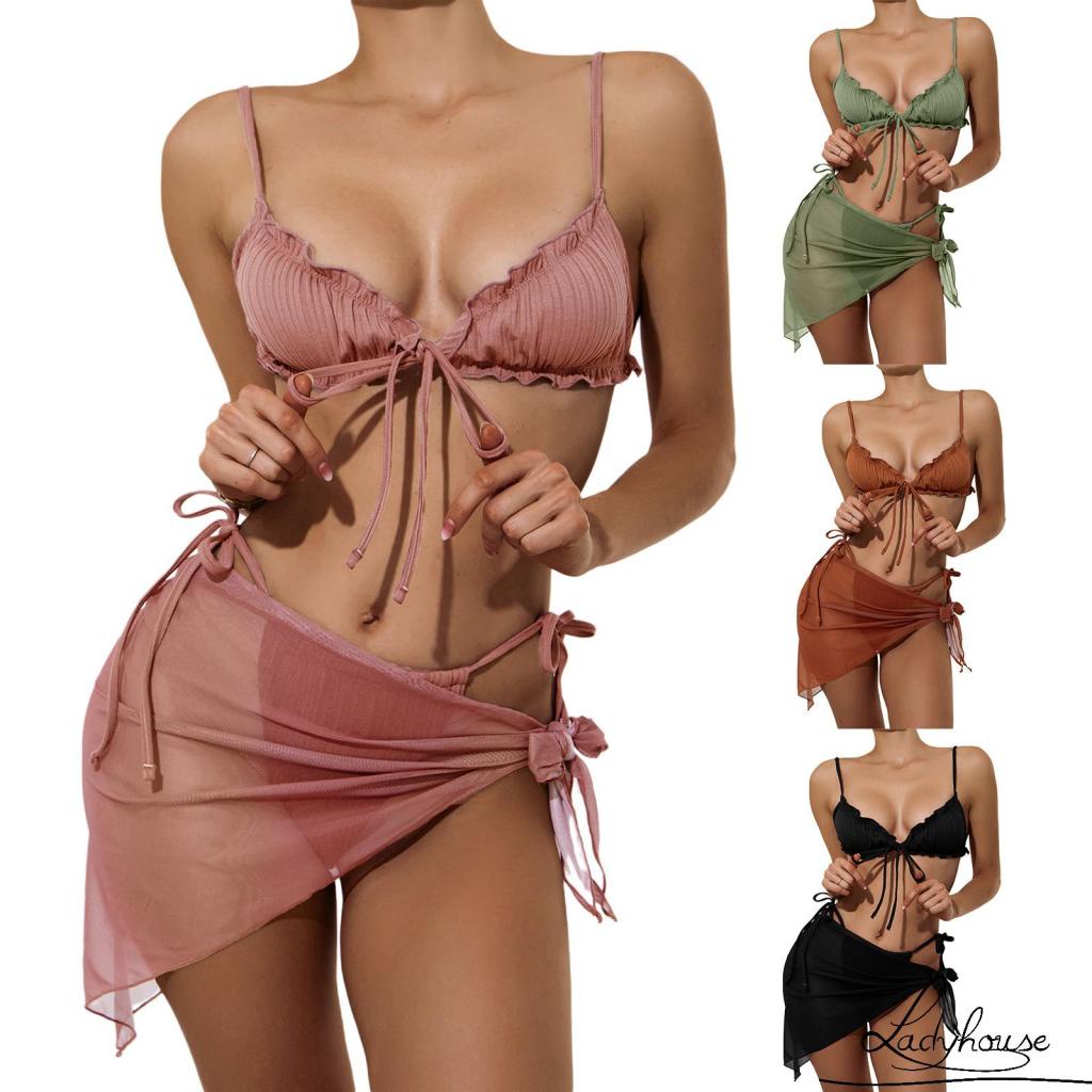 Ld-bộ Đồ Bơi Bikini Hai Mảnh Màu Trơn Với Diềm Xếp Nếp + Quần Lót Ren Lưới Xuyên Thấu Cho Nữ