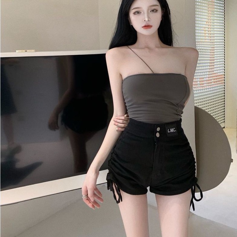 Quần Bò Jeans Denim Short Đùi Lưng Cao Dây Rút 2 Bên