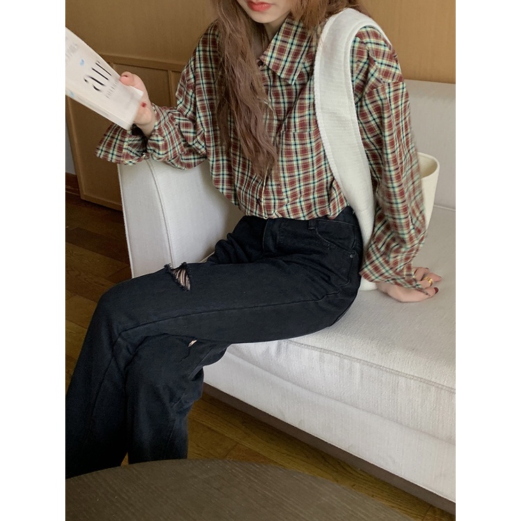 Áo sơ mi nữ Kẻ sọc caro dài tay Retro Form rộng Sơ mi nữ Cổ điển Cao cấp Ulzzang Hàn Quốc Thời trang