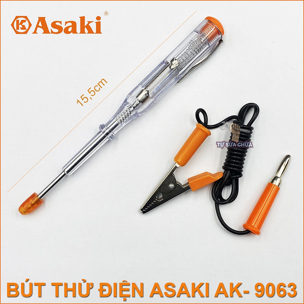 Bút thử điện ASAKI chuyên đo dòng điện 1 chiều DC AK-9063 có đèn Led hiển thì và có dây kẹp đi kèm