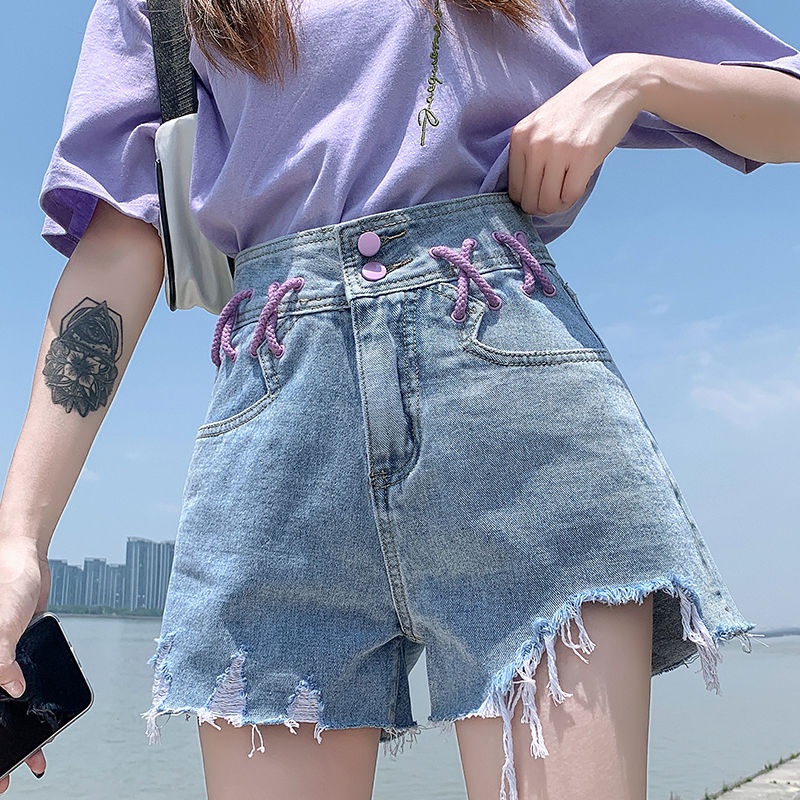 Jiashucheng Quần Short Denim Lưng Cao Dáng Chữ a Phối Vết Rách Thời Trang Mùa Hè Cá Tính Cho Nữ