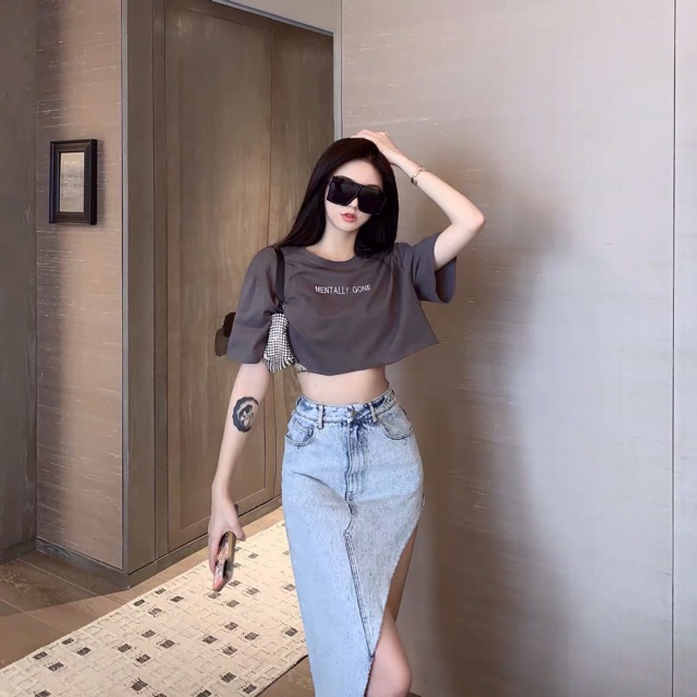 Sét áo crotop+ chân váy bò có bán rời