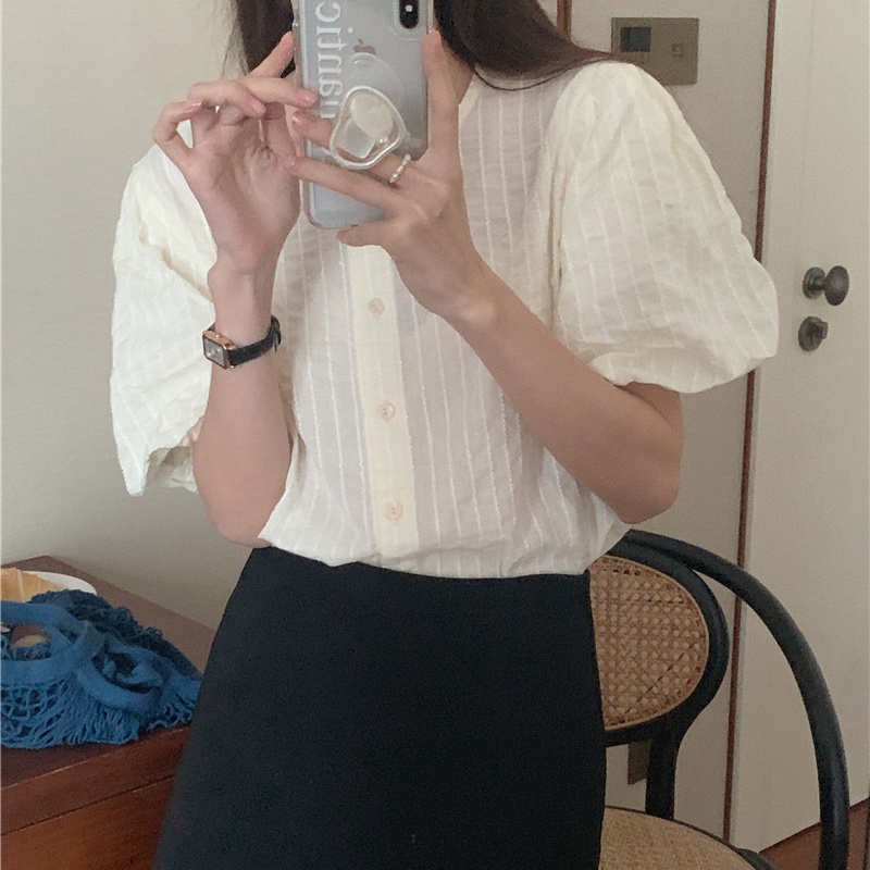 SUXI Áo Thun Tay Ngắn Cổ Tròn Màu Sắc Đơn Giản Phong Cách Vintage Hàn Quốc