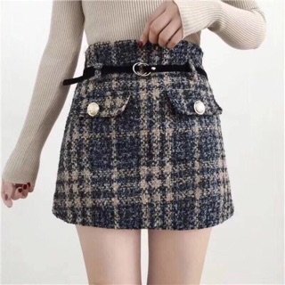 Chân váy dạ Tweed kẻ ánh nhũ quảng châu xịn