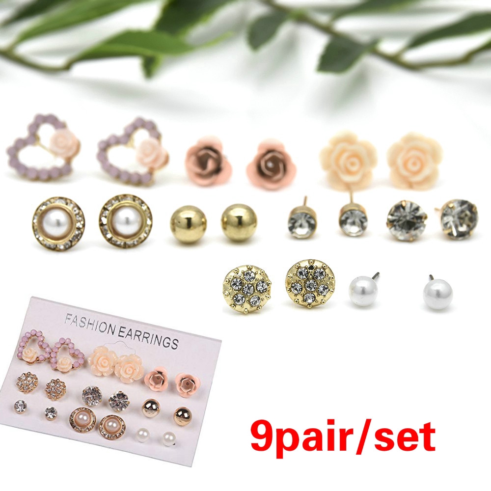 Set 9 đôi bông tai đính đá / ngọc trai giả thanh lịch