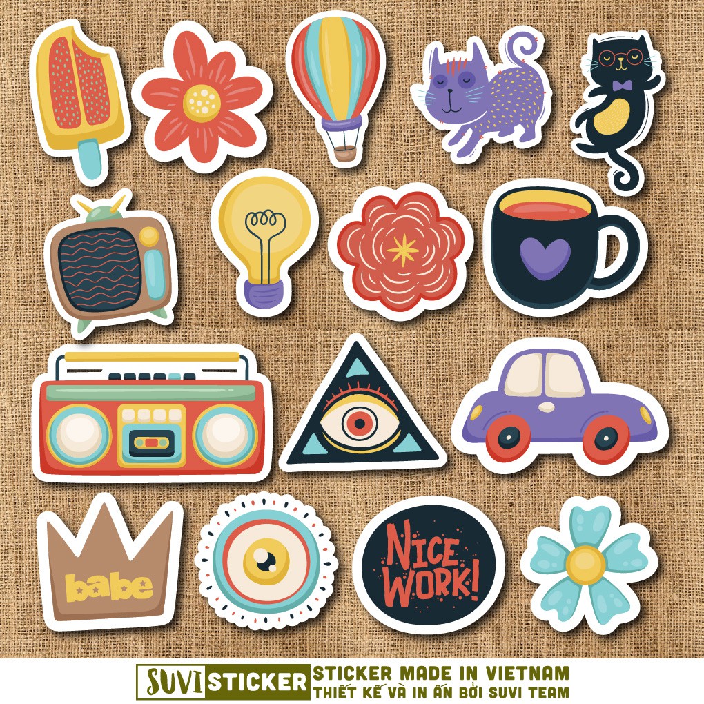 50 Sticker Nhiều Thể Loại chống nước sticker dán mũ bảo hiểm, laptop, điện thoại, đàn guitar, vali. MSP: NS21