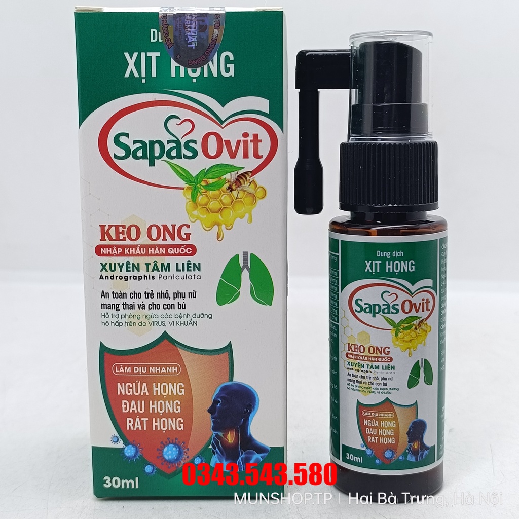 Dung dịch xịt họng keo ong xuyên tâm liên Sapas Ovit 30ml