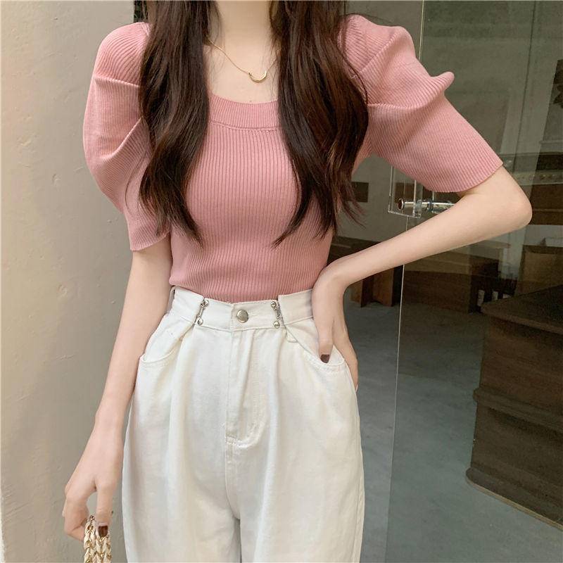 Áo Dệt Kim Tay Phồng Ngắn Cổ Vuông Dáng Ôm Kiểu Pháp Thời Trang Cho Nữ