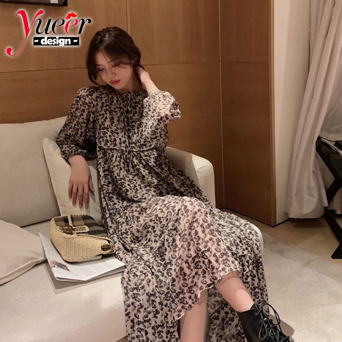 Đầm Voan Hoa Dài Tay Lưng Cao Thời Trang Retro Pháp / S-xl