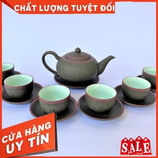 Bộ ấm trà gốm đất nung Bát Tràng dáng Tống phúc lộc thọ
