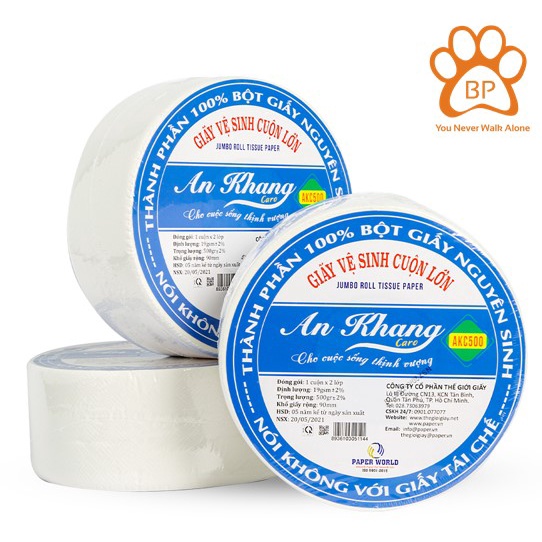 Giấy vệ sinh cuộn lớn cao cấp 2 lớp AN KHANG siêu tiết kiệm hoa văn caro mềm mại tan nhanh trong nước | AKC500
