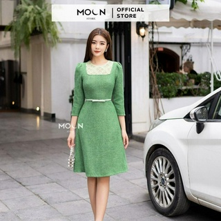 Váy dài nữ công sở 𝐌𝐎𝐎𝐍 chất dạ tweed, đầm xòe tiểu thư thiết kế thắt eo dáng dài sang chảnh MV241