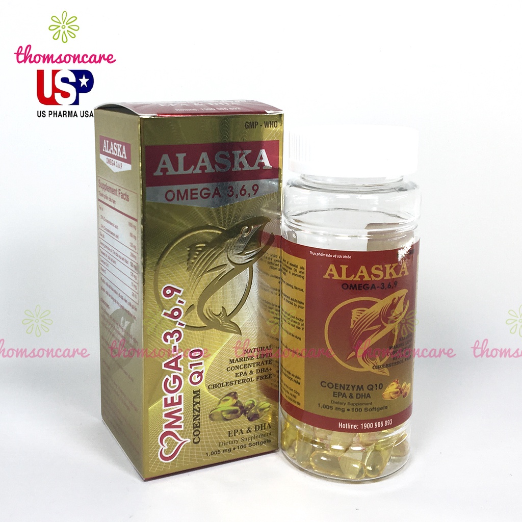 Dầu cá Alaska Hộp 100 viên bổ sung Omega 3 6 9, DHA EPA, có thêm dầu hoa anh thảo và coenzym q10, bổ mắt và tim mạch