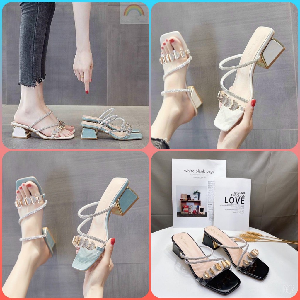 Cao Gót Nữ 5 Phân Đính Đá Đẹp Tiểu Thư Sang Chảnh gót vuông hở mũi quai ngang mảnh Hot MÃ CG01  MINHTUYETSHOES