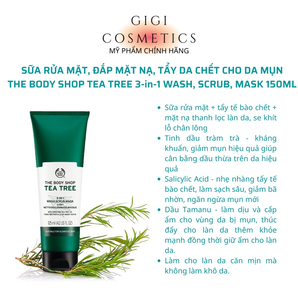 Sữa rửa mặt, mặt nạ tẩy da chết da mụn The Body Shop Tea Tree 3in1 Wash Scrub Mask 125ml
