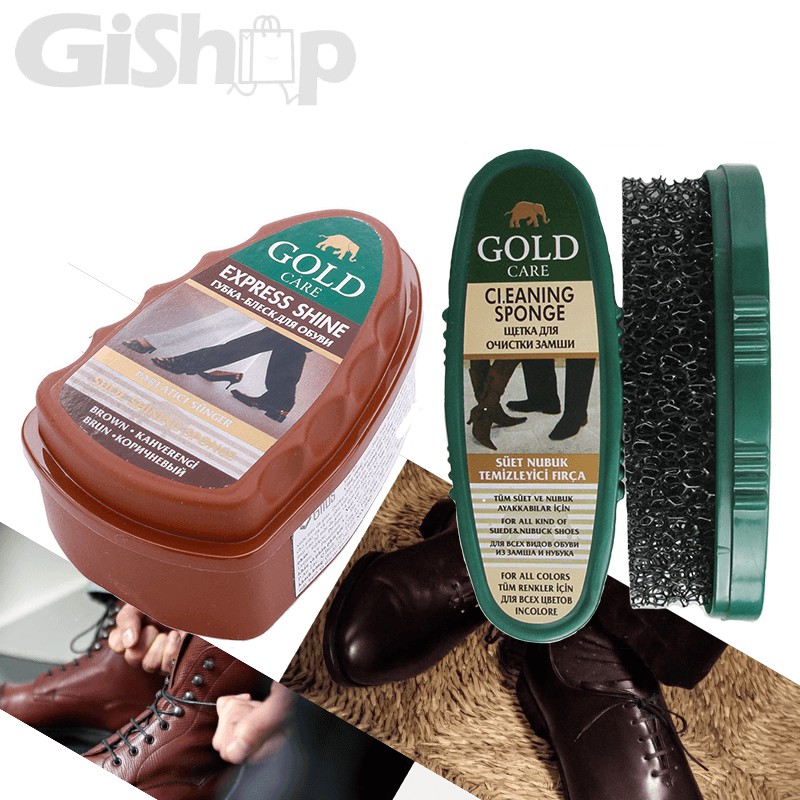 Combo Chăm Sóc Giày GoldCare Gồm Xi Mút Đánh Bóng Giày, Da GC4013 và Bàn Chải Đánh Bụi Da, Giày GC4007