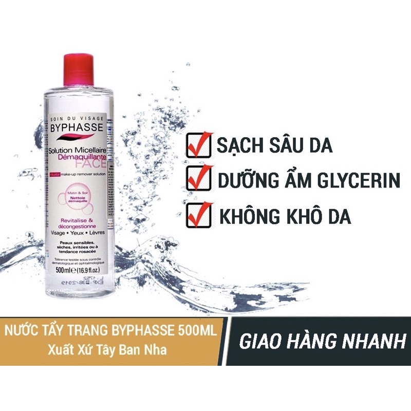 Nước tẩy trang BYPHASE Micellar Water Tây Ban Nha Làm Sạch Sâu Phù Hợp Với Mọi Loại (Mẫu mới -500ml)