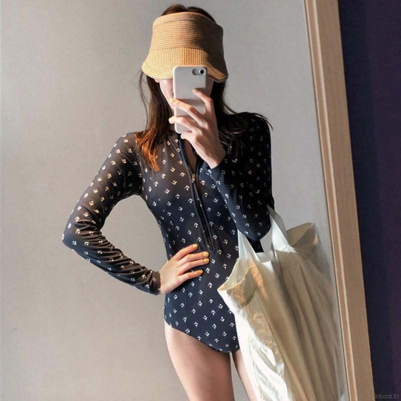 đồ bơi nữ Bộ đồ bơi một mảnh tay dài phối khóa kéo gợi cảm cho nữ