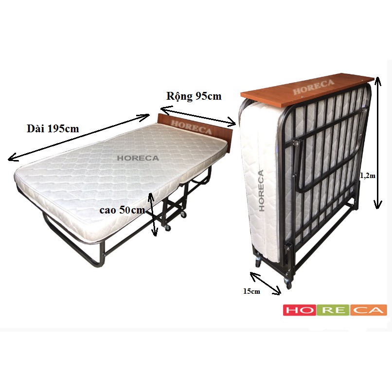 giường phụ extrabed nệm muosse dày 10cm, giường gấp khách sạn sắt sơn tĩnh điện, có ván đầu giường, có bánh xe di chuyển