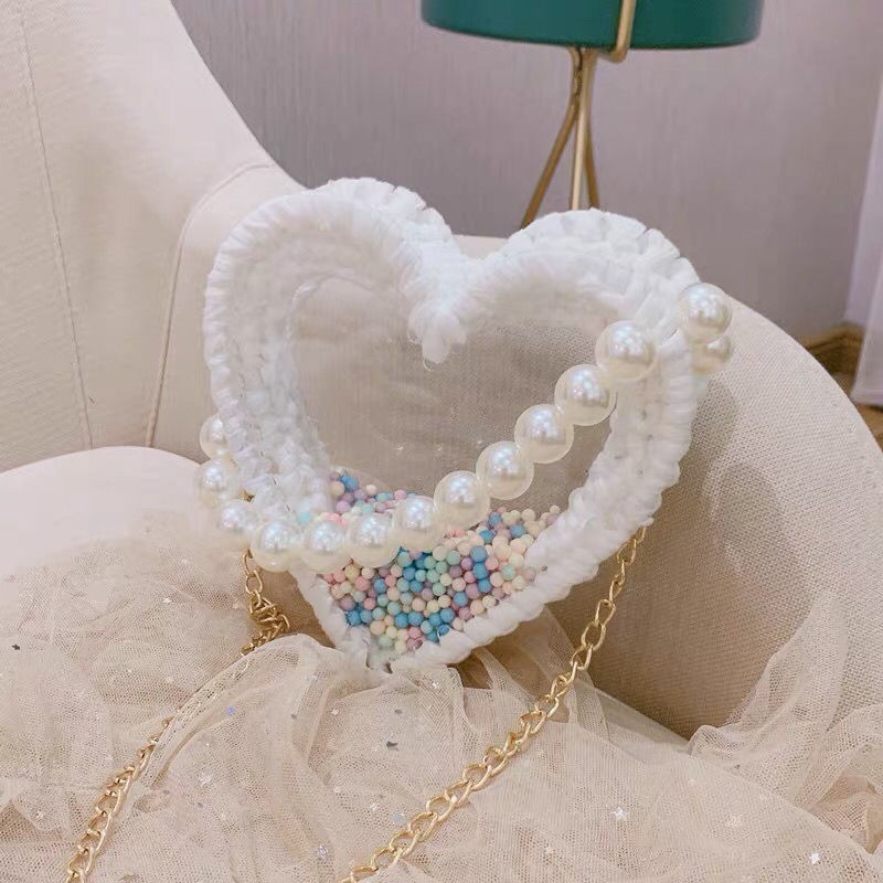 Túi xách hình trái tim bằng nhựa Acrylic trong suốt phối len móc DIY dễ thương