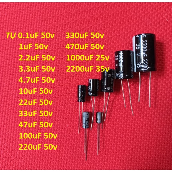 Tụ hóa phân cực đầy đủ giá trị từ 0.1uF đến 2200uF