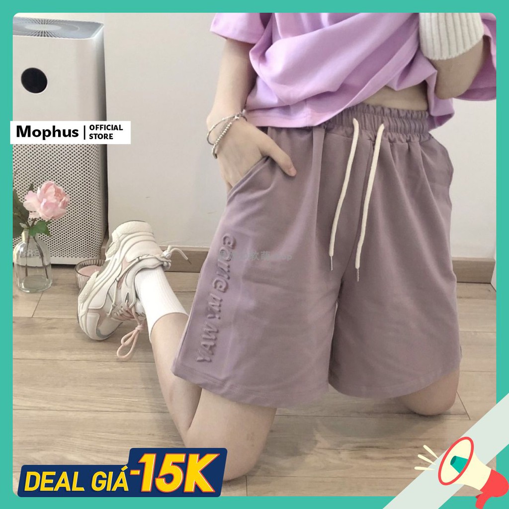 Quần đùi nữ sooc in dập nổi short ống rộng cạp chun trơn màu đen, hồng, xanh Mophus MQ006