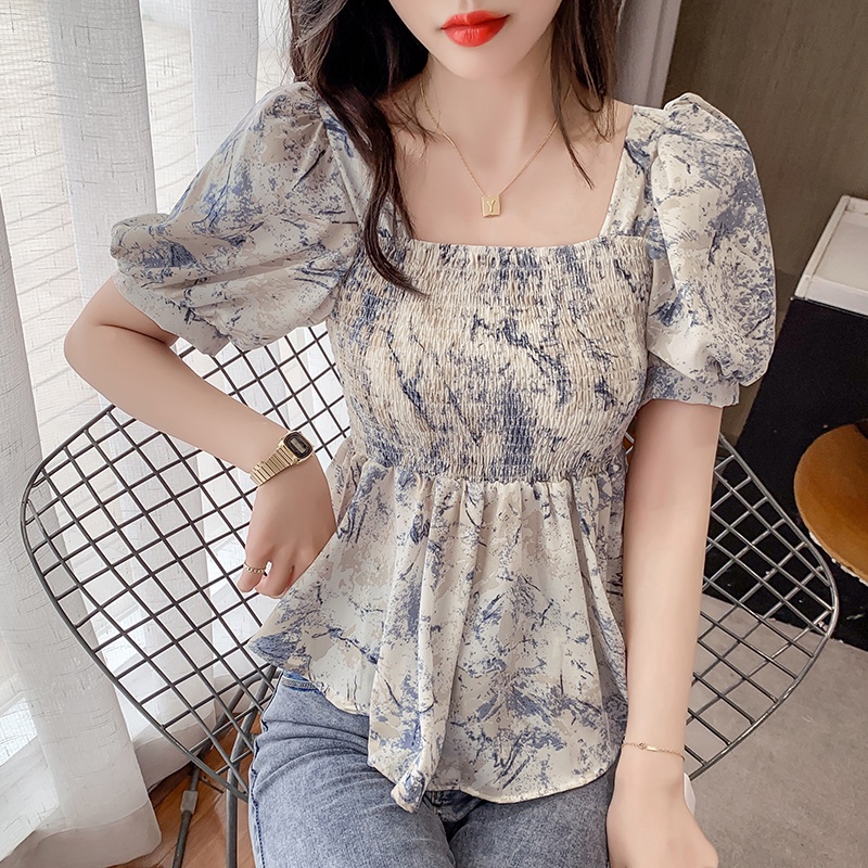 Áo Kiểu chiffon Cổ Vuông Họa Tiết Hoa Xinh Xắn Thời Trang Cho Nữ