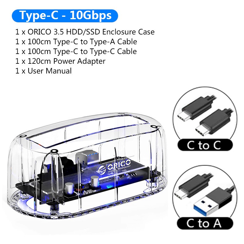 Trạm Sạc Ổ Cứng Orico Dòng 6139C3 10 Gbps USB 3.1 Gen2 Type-C Thiết Kế Trong Suốt Cho HDD 2.5/3.5