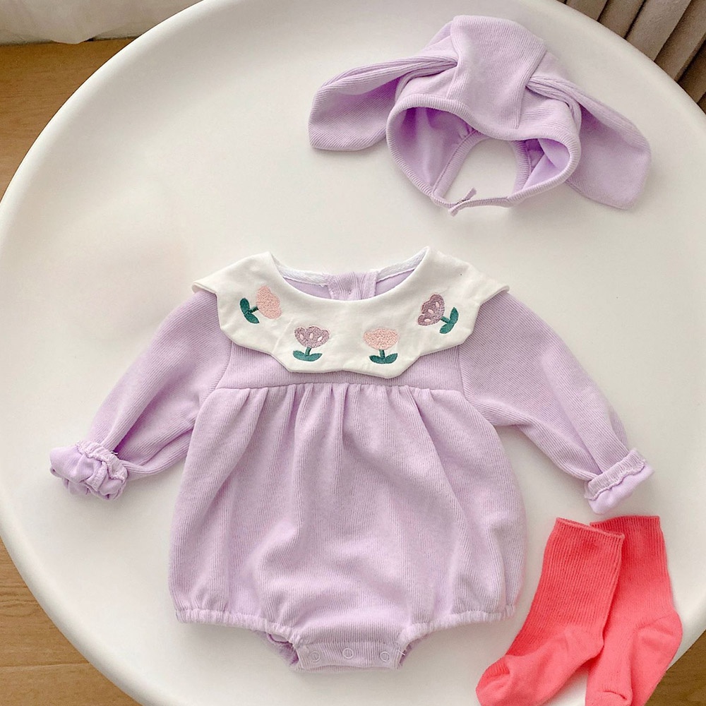 Bộ Áo Liền Quần Thêu Hoa Kèm Nón Cho Bé Gái Sơ Sinh 1 Tuổi