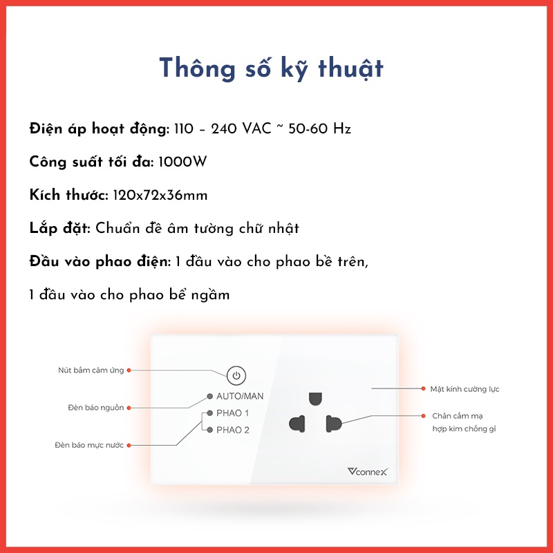 Ổ Cắm Máy Bơm Tích Hợp Chuyển Nguồn Phao Điện 220V Sang 5V - Chuẩn Đế Âm Tường Chữ Nhật Lắp Đặt Dễ Dàng - Bảo Hành 2 Năm