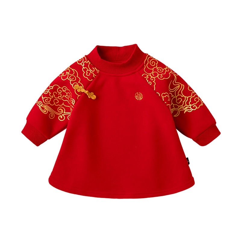 Váy nỉ đỏ diện Tết hoa văn mây vàng bé gái