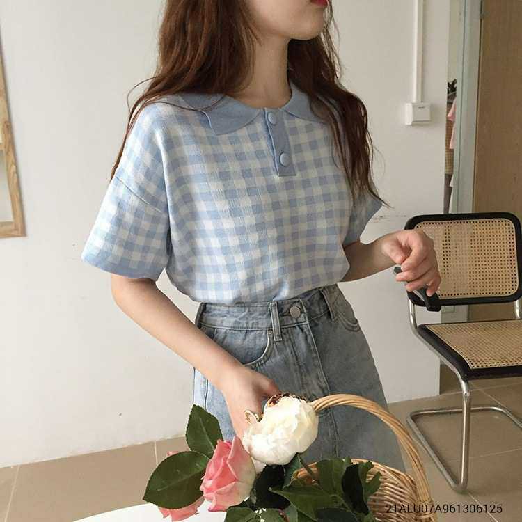 Áo len nữ tay ngắn cổ bẻ caro ulzzang thời trang nữ Fmstyle Saigon 21ALU07A961306 | BigBuy360 - bigbuy360.vn