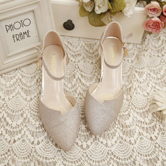 Giày gót vuông 5cm nhũ kim tuyến siêu êm thích hợp đi tiệc BIG SIZE