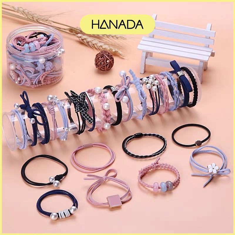 Hộp 12 Dây Cột Tóc Đủ Loại Co Dãn Cột Không Đau Có Kèm Hộp Hanada K15-T016