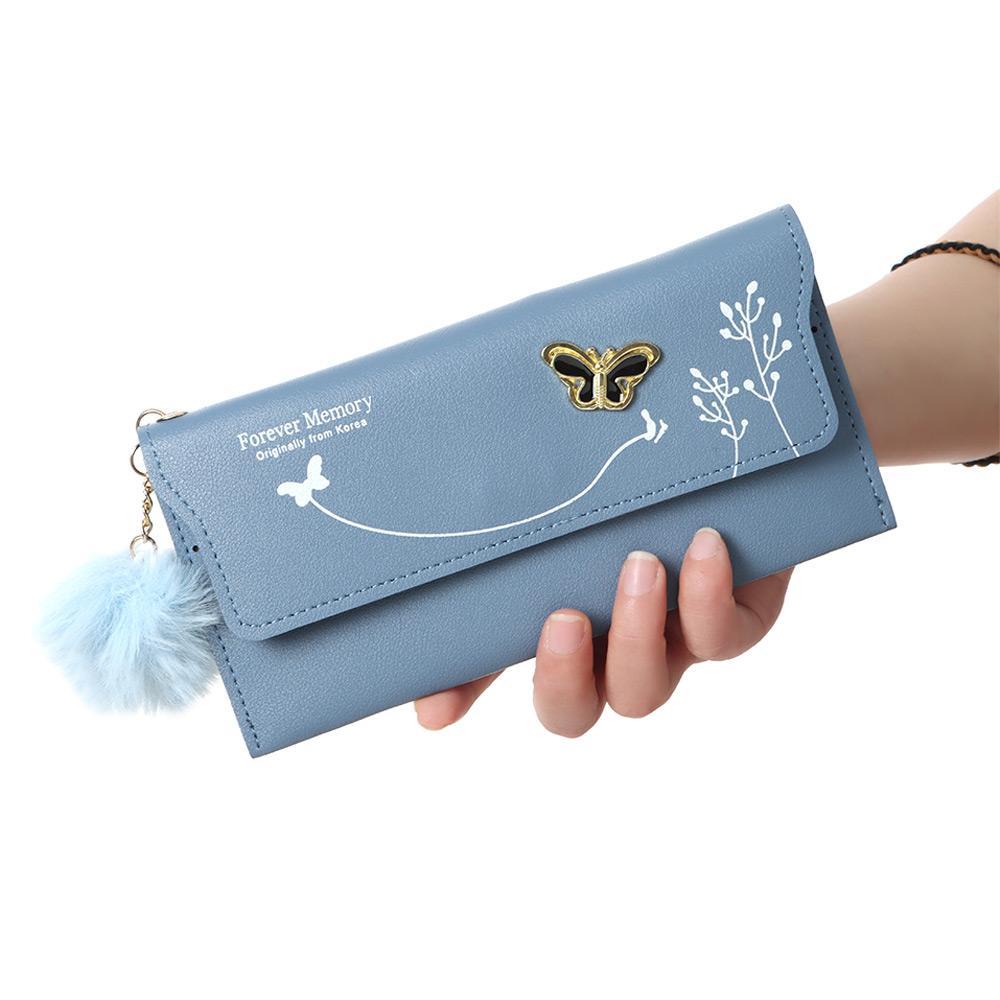 CACTU Ví Da Pu Cầm Tay Thời Trang Đính Hình Bướm Và Bóng Lông