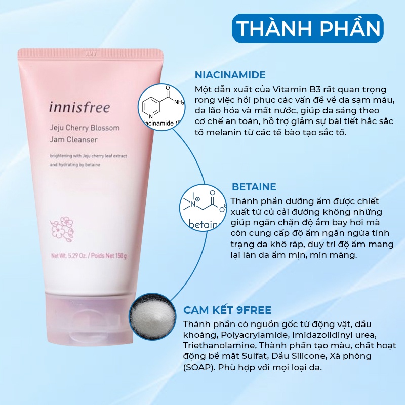 Sữa Rửa Mặt Làm Sạch Trắng Da Chiết Xuất Lá Hoa Anh Đào Innisfree Hàn Quốc Jeju Cherry Blossom Jam Cleanser 150ml