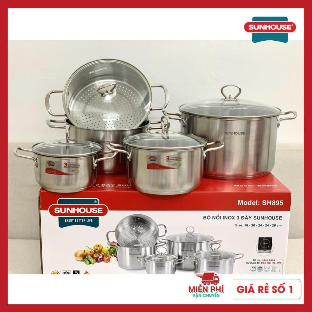 Bộ nồi inox 3 đáy 4 nồi + 1 xửng hấp  Sunhouse SH895, bộ nồi Sunhouse 3 đáy, dùng cho bếp từ.